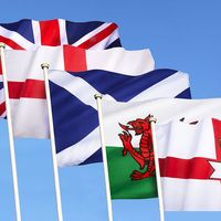Flags of the United Kingdom of Great Britain - England, Scotland, Wales, Northern Ireland and the Union Flag.