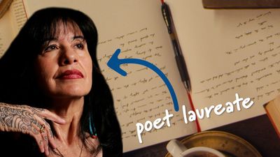 An image of Joy Harjo, a Native American woman, imposed on a background of a notebook. A blue arrow points to Harjo with the label "poet laureate."