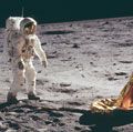 Edwin E. Aldrin (Buzz Aldrin) stands on the moon, Apollo 11