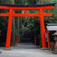 Torii gate at entrance to a Shinto shrine on Mount Hakone, east-central Honshu, Japan. (gateways)